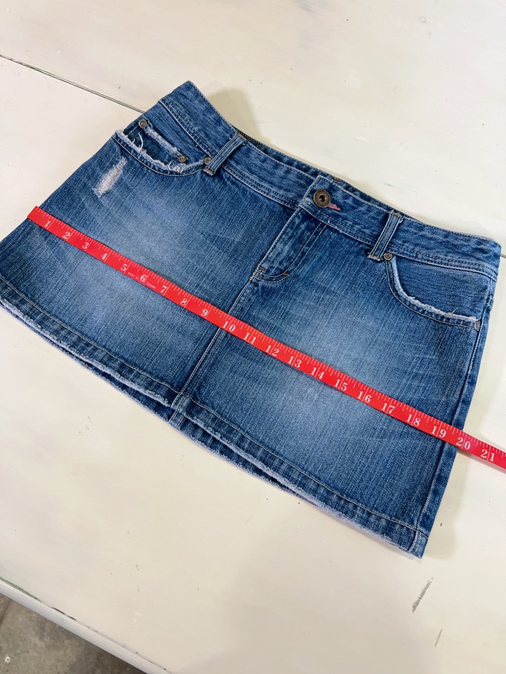 Vintage Y2K American Eagle Faded Denim Super Mini Skirt Low rise Pink Rhinestone - Picture 10 of 12